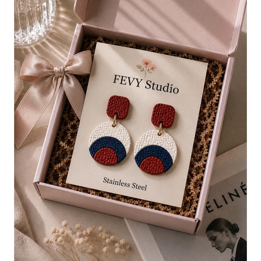 Textured Polymer Clay Statement Earrings | Red White Blue Coastal Dangle Earring